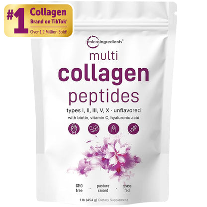 Micro Ingredients Multi Collagen Peptides Powder - Péptidos de Proteína Hidrolizada (tipo I, II, III, V, X) con Ácido Hialurónico, Biotina y Vitamina C