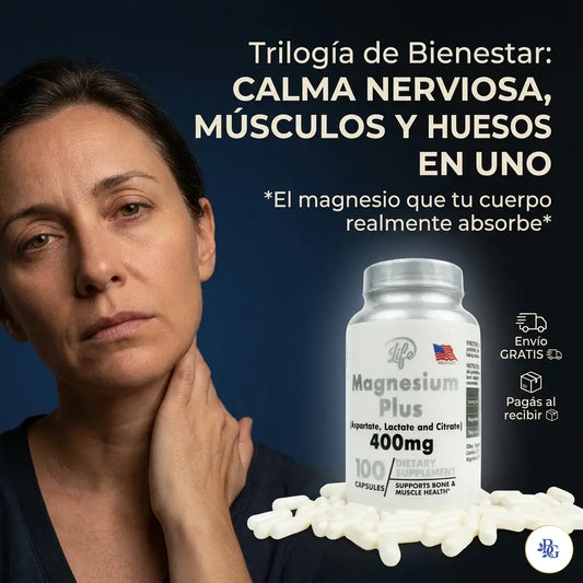 Magnesium Plus — Complejo Bio-Absorbible 3 en 1: Huesos Fuertes, Músculos Relajados y Equilibrio Nervioso (100 Cápsulas • Suministro 50 Días)