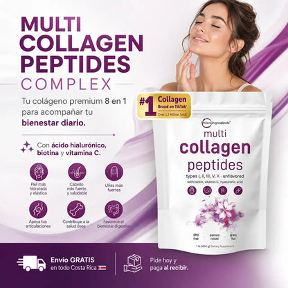 Micro Ingredients Multi Collagen Peptides Powder - Péptidos de Proteína Hidrolizada (tipo I, II, III, V, X) con Ácido Hialurónico, Biotina y Vitamina C