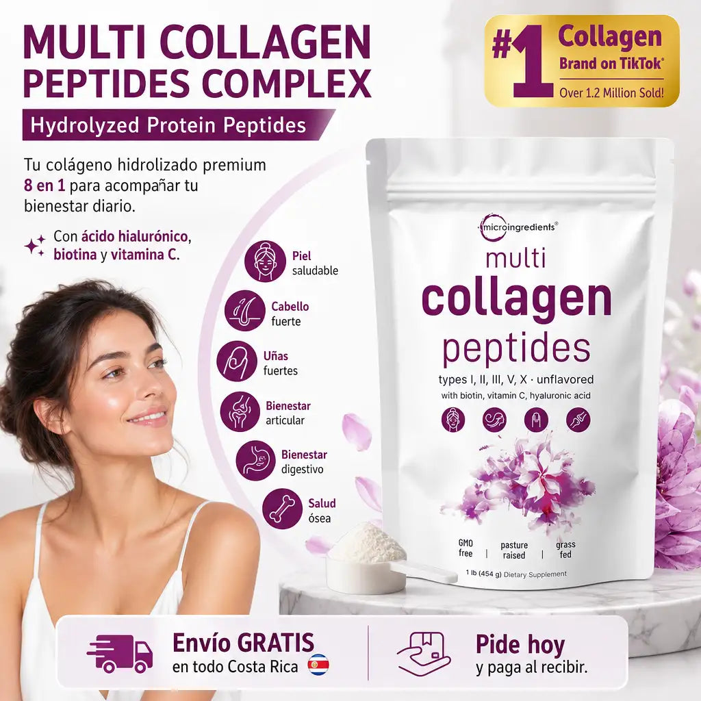 Micro Ingredients Multi Collagen Peptides Powder - Péptidos de Proteína Hidrolizada (tipo I, II, III, V, X) con Ácido Hialurónico, Biotina y Vitamina C