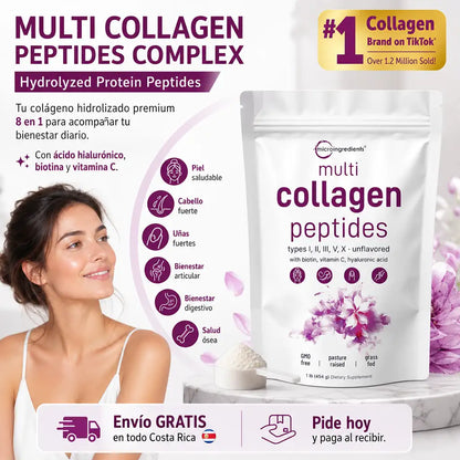 Micro Ingredients Multi Collagen Peptides Powder - Péptidos de Proteína Hidrolizada (tipo I, II, III, V, X) con Ácido Hialurónico, Biotina y Vitamina C