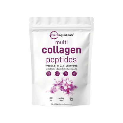 Micro Ingredients Multi Collagen Peptides Powder - Péptidos de Proteína Hidrolizada (tipo I, II, III, V, X) con Ácido Hialurónico, Biotina y Vitamina C